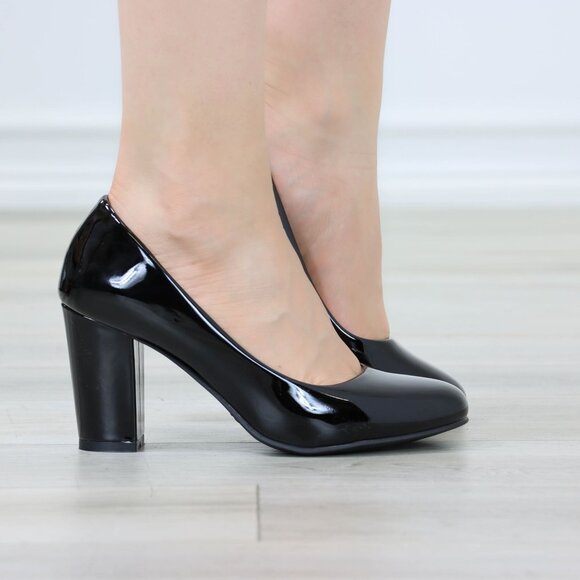 Classic Black Patent High Heel Slip On Round Toe Block Pumps - Picture 10 of 11